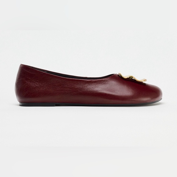 Zara Leather Women's Burgundy Ballet Flats with Gold Accent - Picture 2 of 8